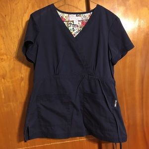 Navy koi medium mock wrap scrub top